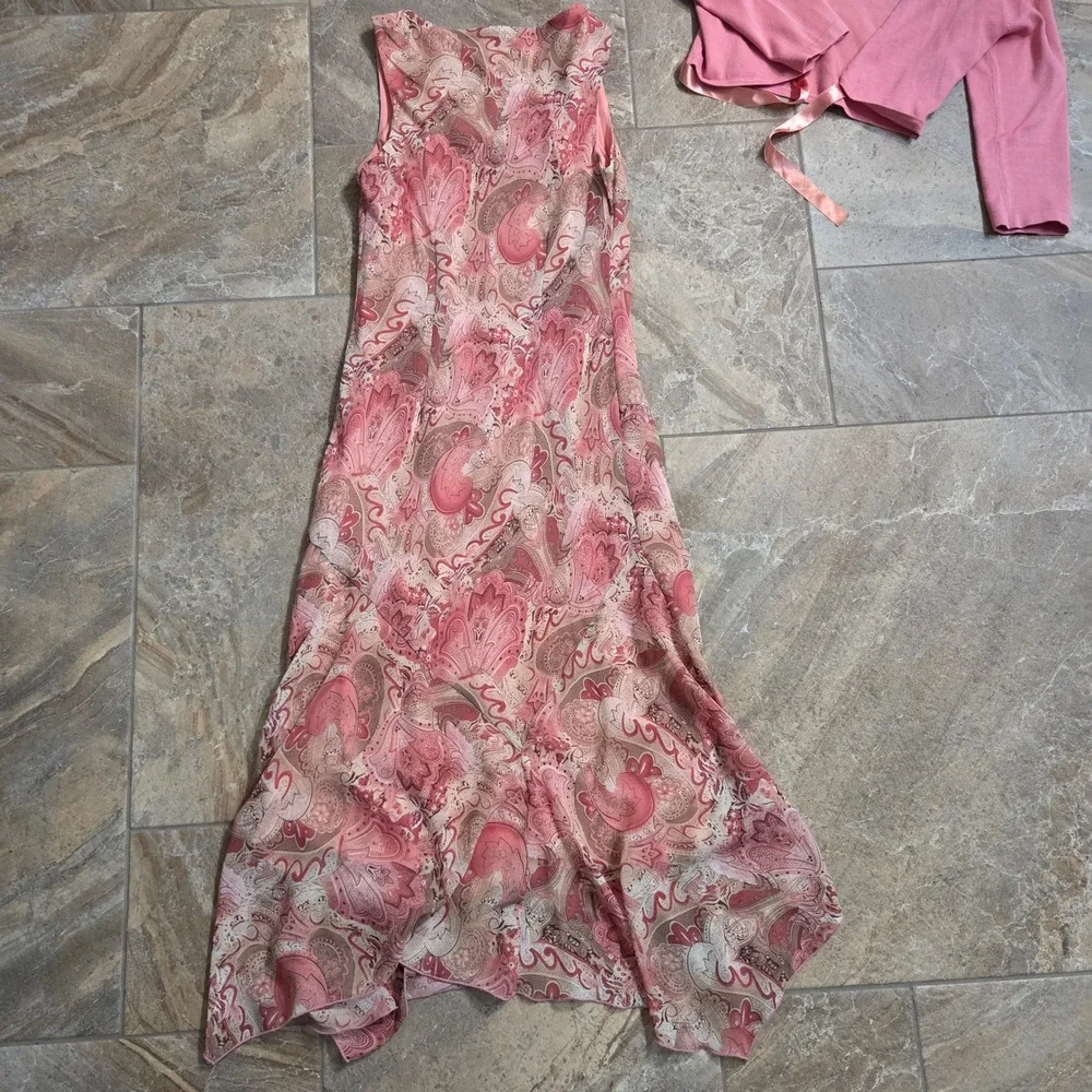 Y2K Fairycore Dressbarn Pink Paisley Midi Dress & Tie-Front Cardigan Size 4